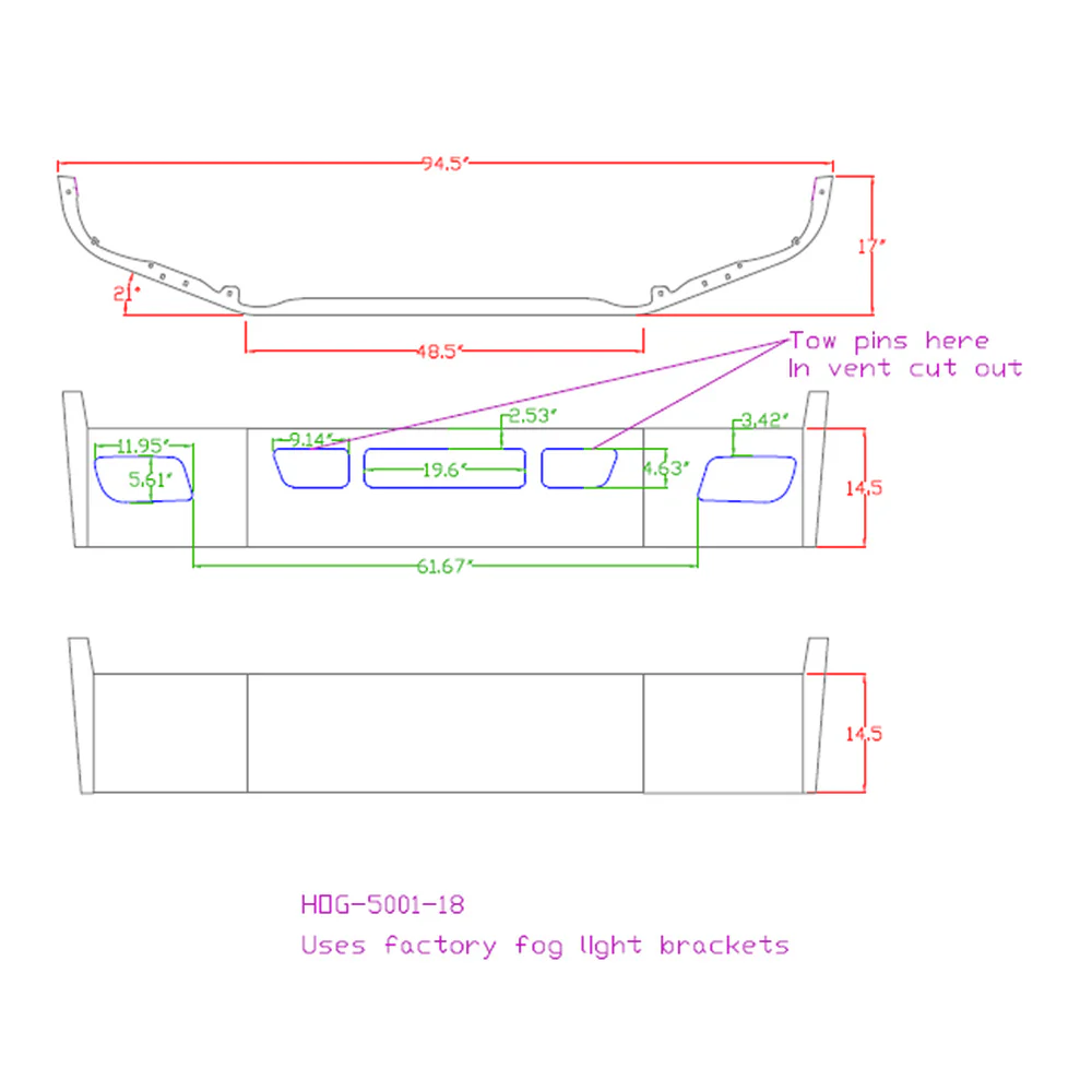 12" Peterbilt 536, 537 Set Forward Axle Chrome Bumper with Fog and Vent Cutouts - Image 2