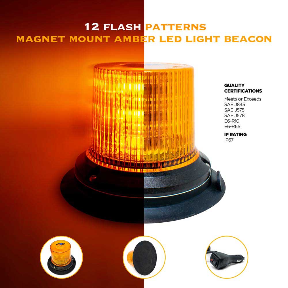 12-Volt Amber LED Beacon Light with Twelve Flash Patterns - Magnet Mount - Image 2