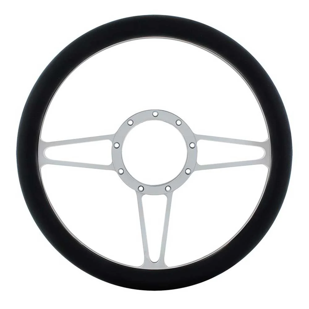 14" Chrome Aluminum 3 Spoke Steering Wheel with Black Leather Grip