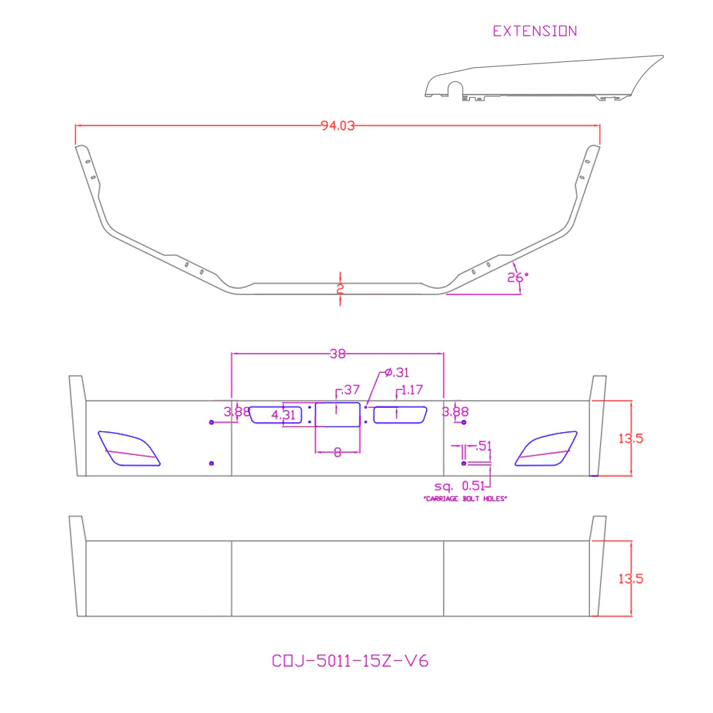14" FL Cascadia Chrome Bumper with Fogs, Tow, Vents and Radar - Image 3
