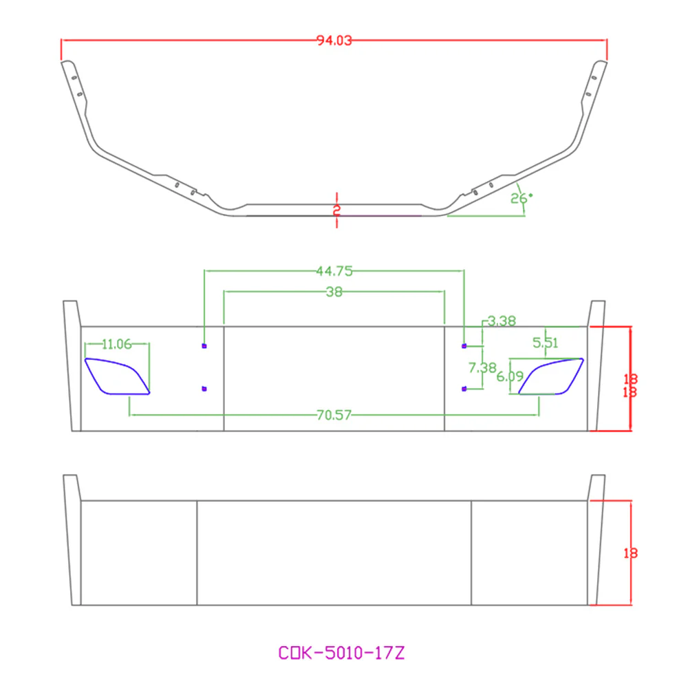 18" FL Cascadia SBA Chrome Bumper with Vent, Tow, Radar and Fog - Image 3