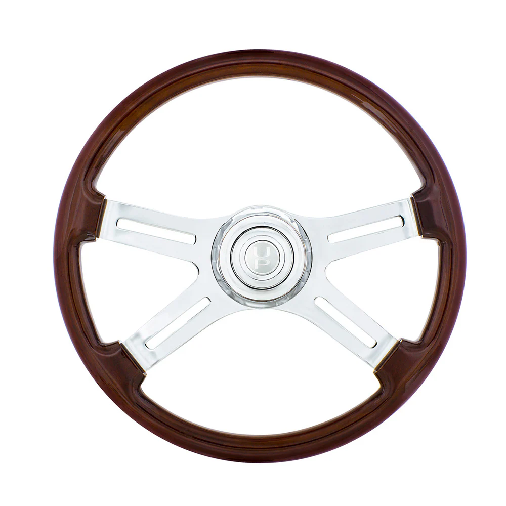 18" Polished Wood 4-Spoke Steering Wheel with Chrome Horn Bezel and Button