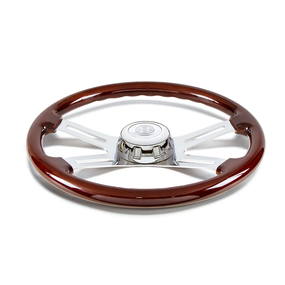 18" Polished Wood 4-Spoke Steering Wheel with Chrome Horn Bezel and Button - Image 2
