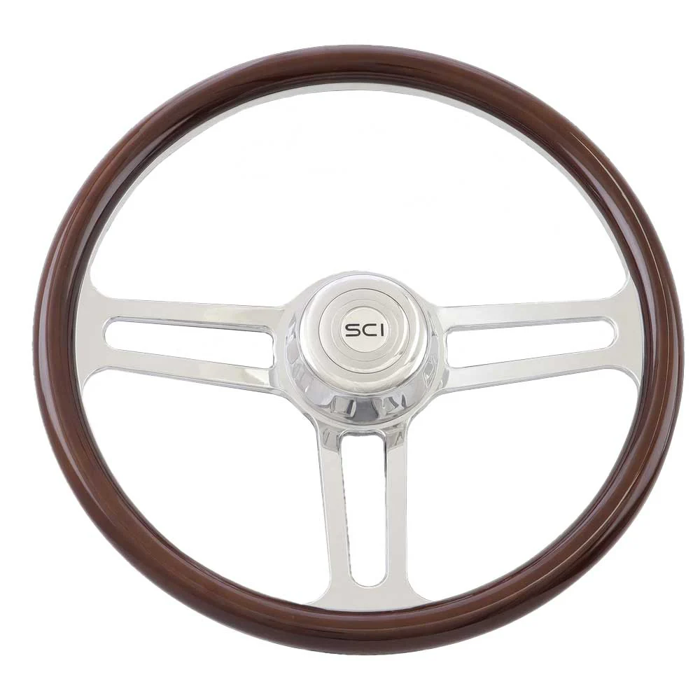 18" Speed Racer Wood, Billet Chrome Aluminum 3 Spoke Wheel with Bezel, Horn
