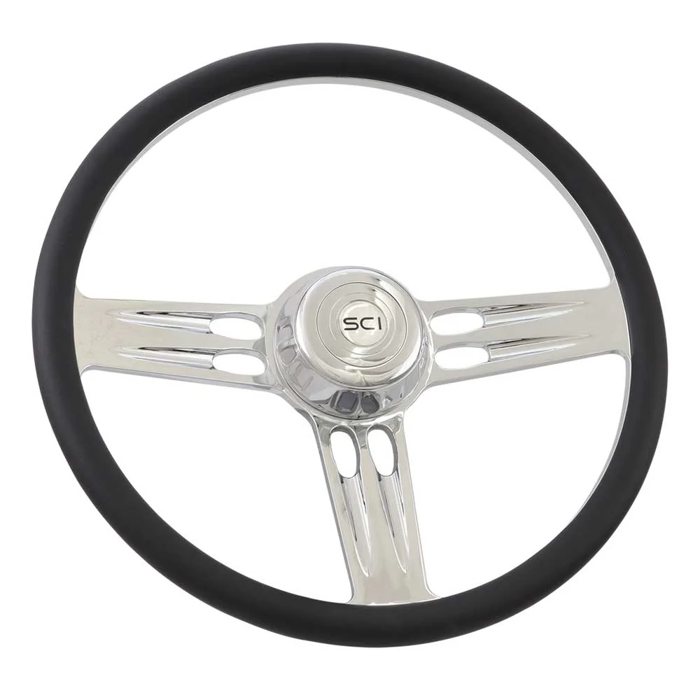 18" Triple Threat Leather Half Wrap Billet Chrome Aluminum 3-Spoke Steering Wheel