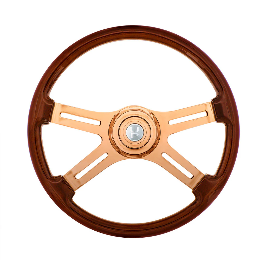 18" Wood Rim Rose Gold 4 Spoke Poly Rim Steering Wheel with Horn, Bezel