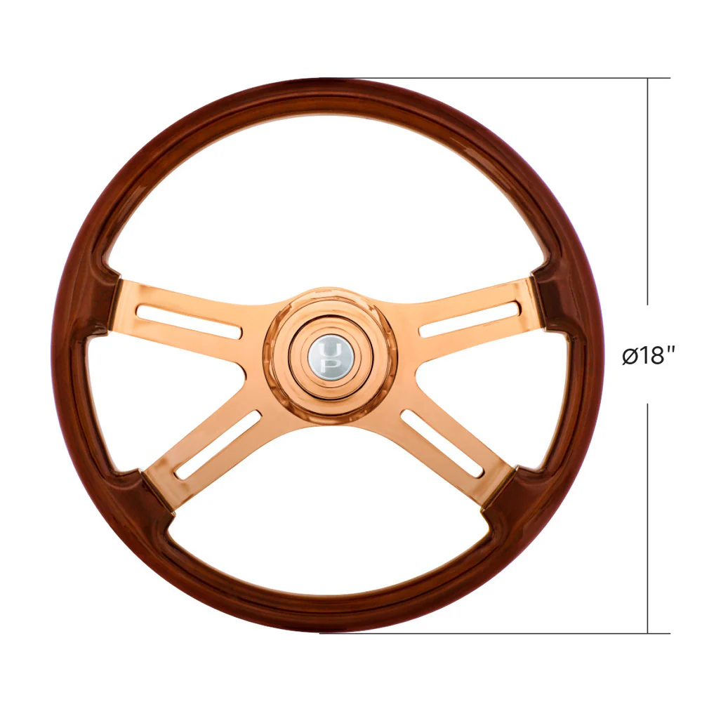 18" Wood Rim Rose Gold 4 Spoke Poly Rim Steering Wheel with Horn, Bezel - Image 4