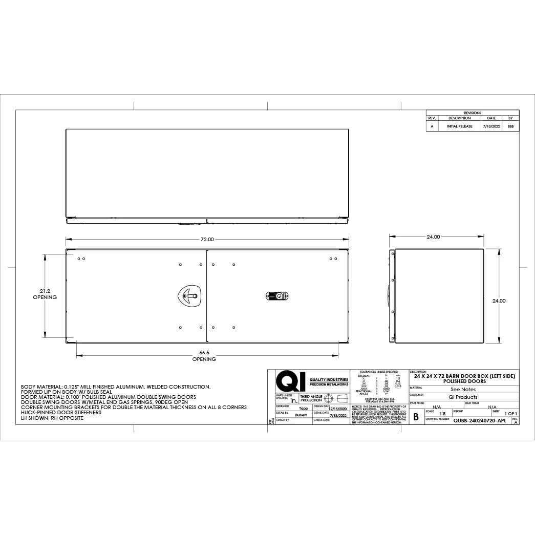24" x 24" x 72" Aluminum Box with Polished Barn Doors with Gas Shocks - Driver Side - Image 3