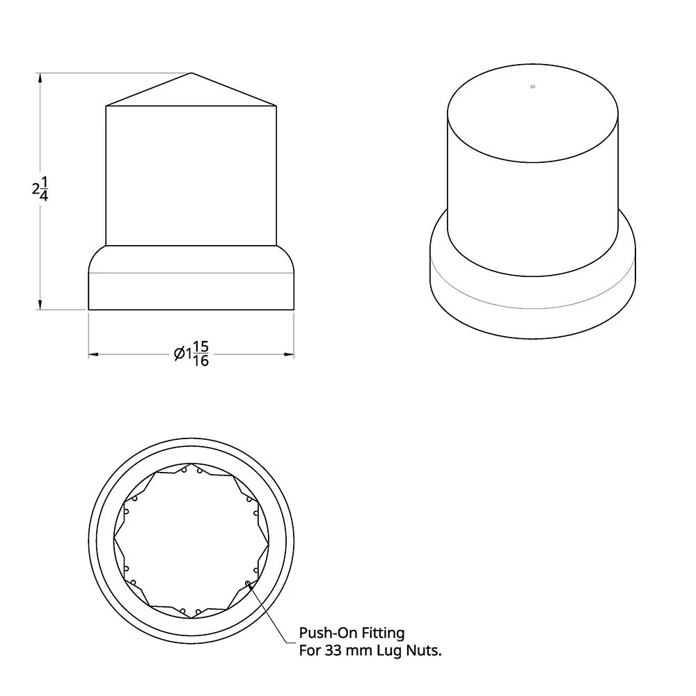 33mm x 2-1/4" Chrome Plastic Pointed Top Hat Nut Cover - Push On 10PK - Image 3