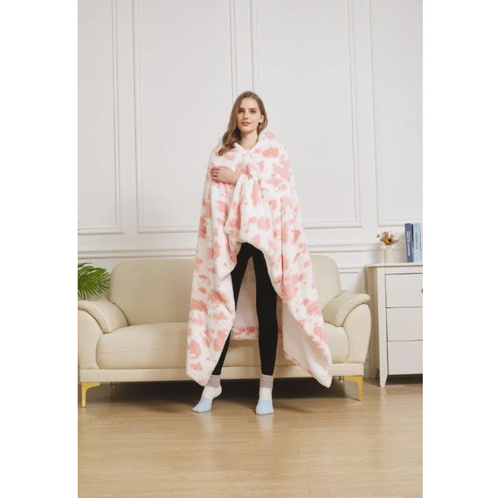50" x 70" Hooded Sherpa Strawberry Cow Wearable Throw