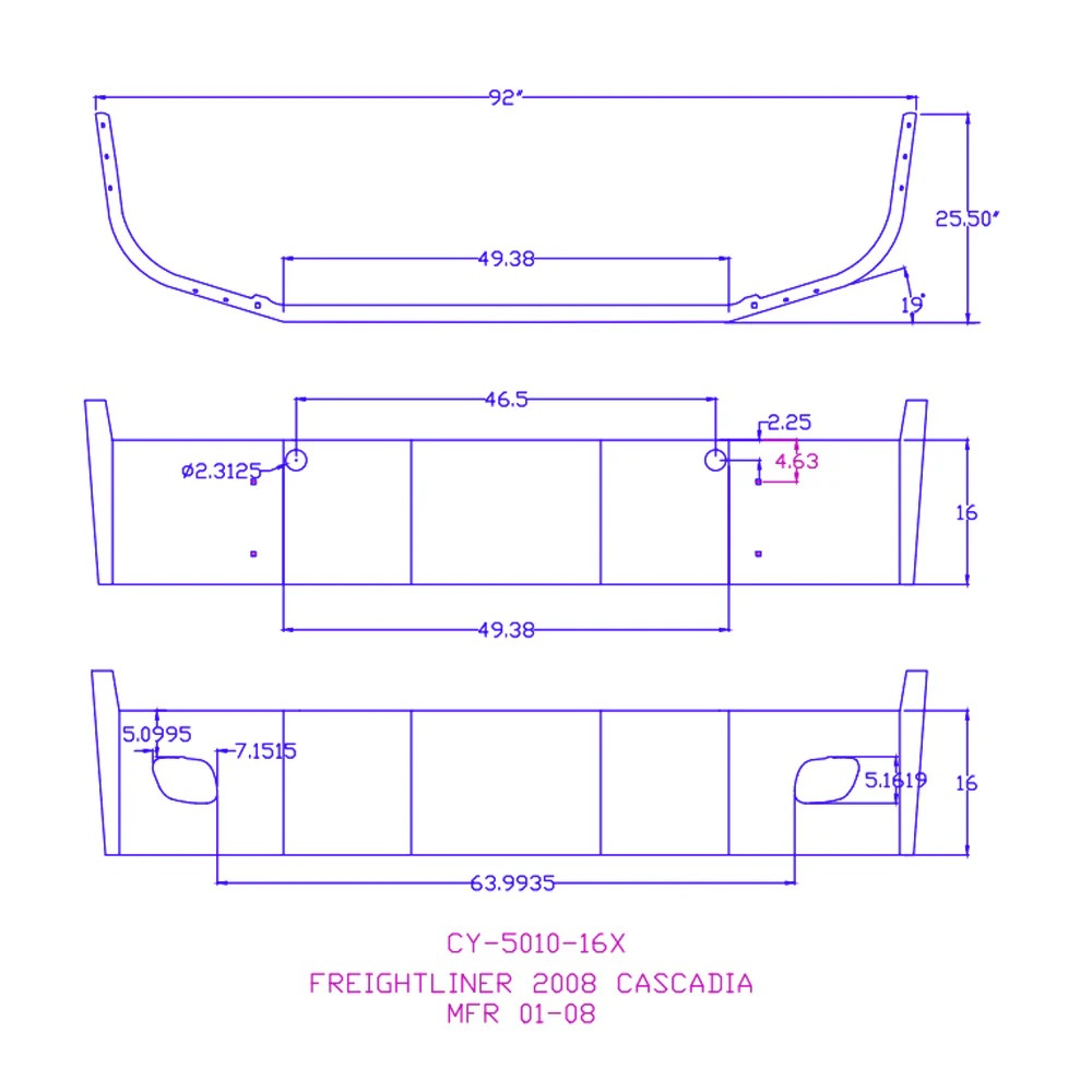 Freightliner Cascadia 2008-2017 Set Back 16" Chrome Bumper with Extensions - Image 3