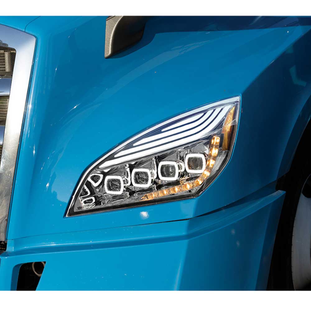 Freightliner Cascadia 2018+ Chrome Quad LED Headlight with LED DRL & Sequential Signal - Image 3