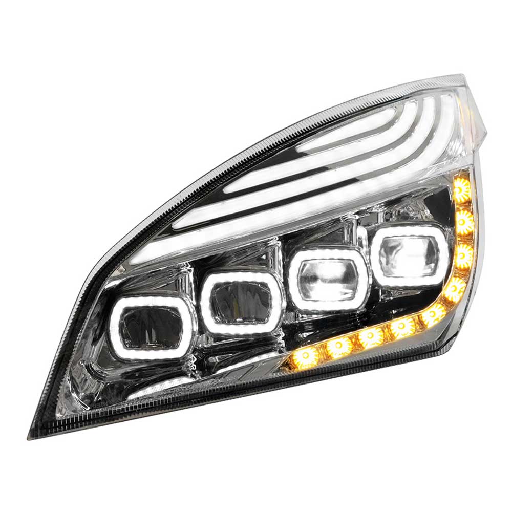 Freightliner Cascadia 2018+ Chrome Quad LED Headlight with LED DRL & Sequential Signal - Image 5