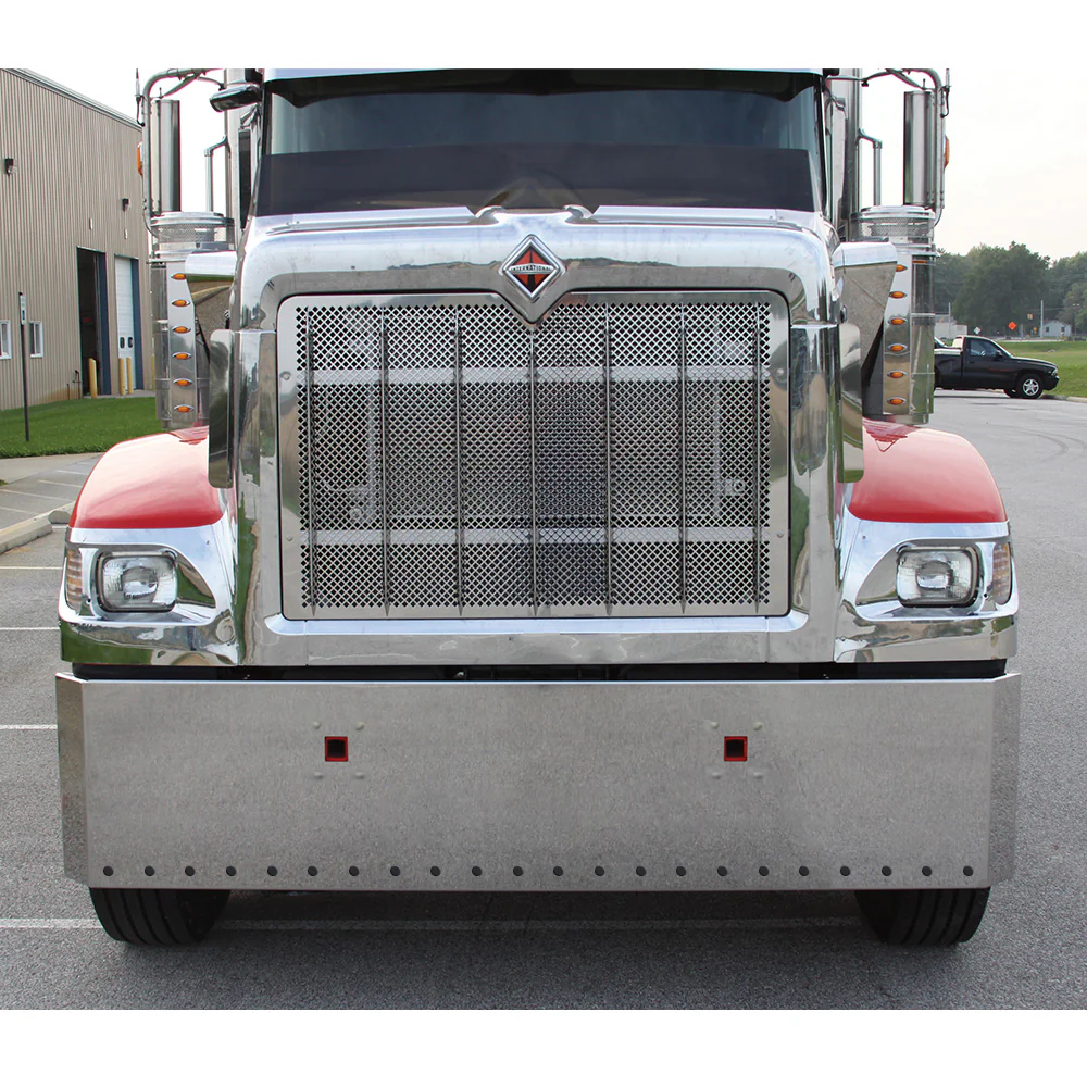 International 9900i/9900ix Stainless Steel 20" Standard Mount Mitered End Bumper with Twenty-Two 3/4" Light Cutouts and Tow Hooks
