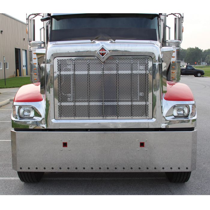 International 9900i/9900ix Stainless Steel 22" Standard Mount Mitered End Bumper with Twenty-Two 3/4" Light Cutouts and Tow Hooks