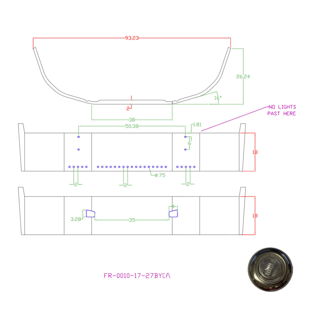 Kenworth T660 18" Setback Axle Bumper with 3/4" Amber/Clear Button Lights and Tow Hole