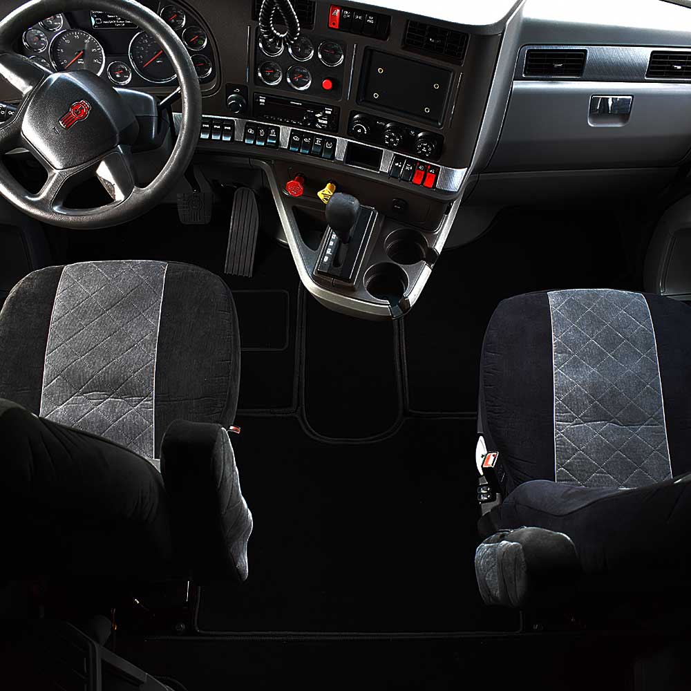 Kenworth T680, T880, W990 Black Carpeted Floor Mat Set with Black Trim - Image 3