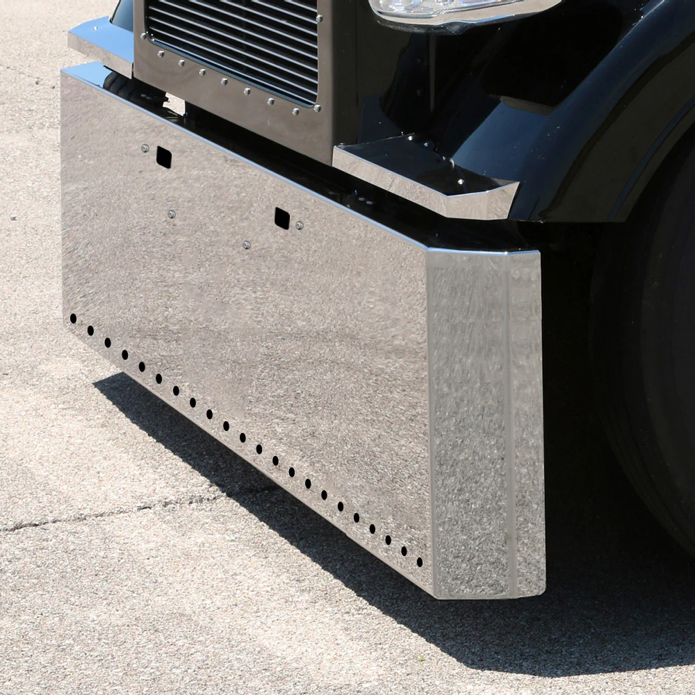 Kenworth W990 Stainless Steel 20" Switchback End Bumper with Twenty-Two 3/4" Light Cutouts and Tow Hook Holes