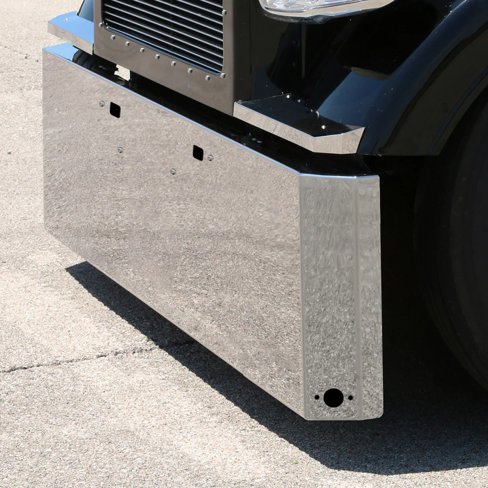 Kenworth W990 Stainless Steel 20" Switchback End Bumper with Watermelon Light Cutouts and Tow Holes