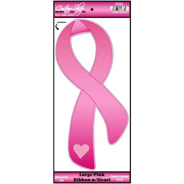 Large Pink Ribbon With Heart Vinyl Decal