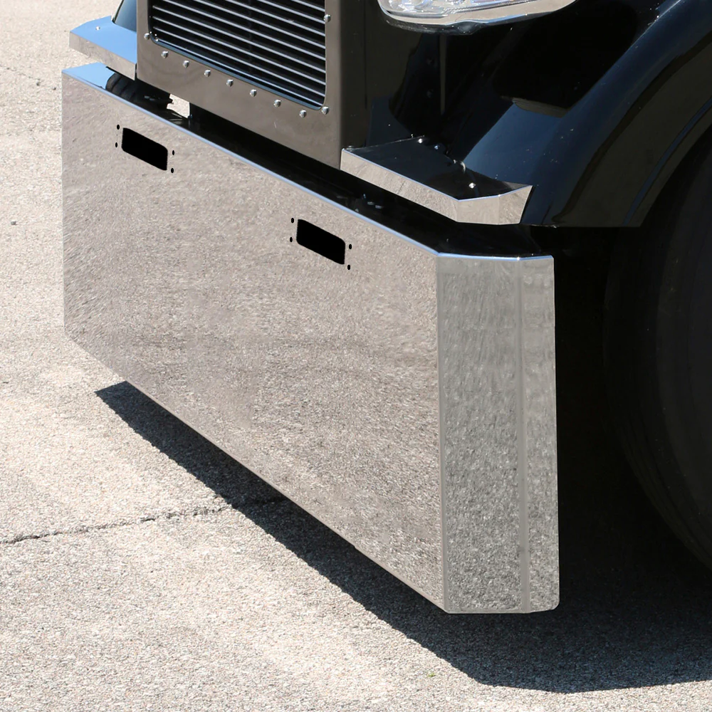 Peterbilt 359 1973-1987 Stainless Steel 20" Switchback End Bumper with Tow Hook and 3/4" Under Glow Cutouts