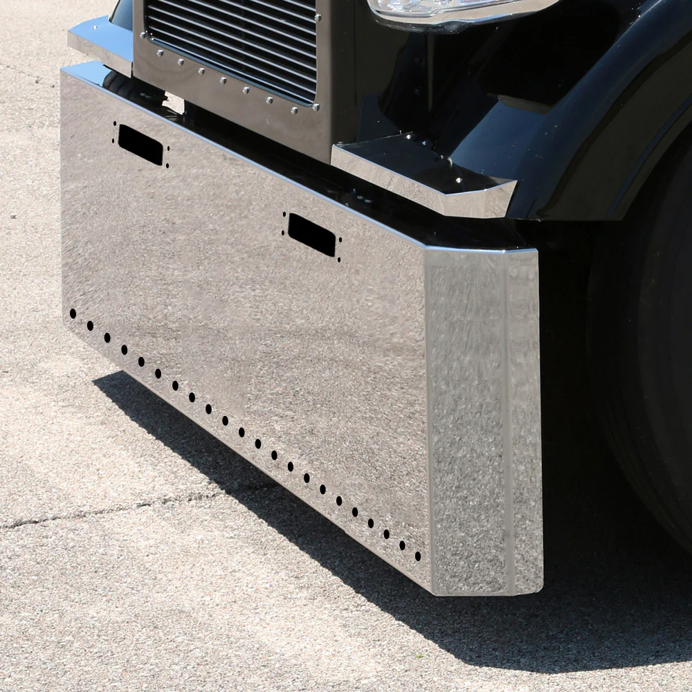 Peterbilt 359 1973-1987 Stainless Steel 22" Switchback End Bumper with ¾" Light Cutouts and Tow Holes