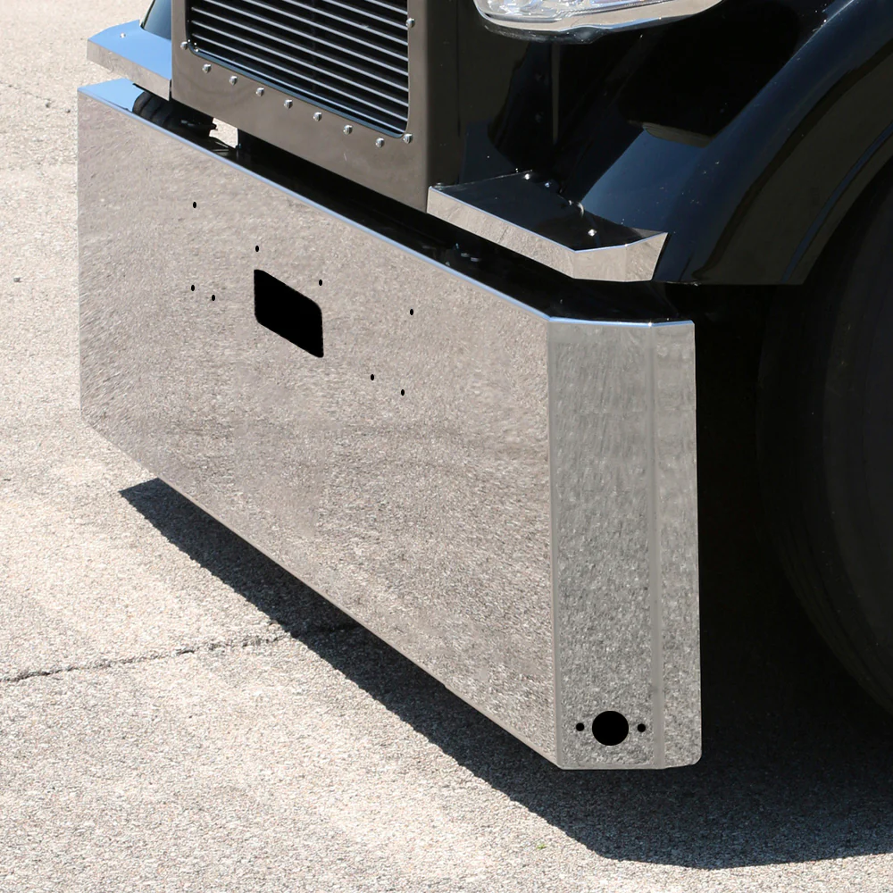 Peterbilt 379 Stainless Steel 18" Standard Mount Switchback Bumper with 2 Watermelon Light Cutouts and Tow Hole