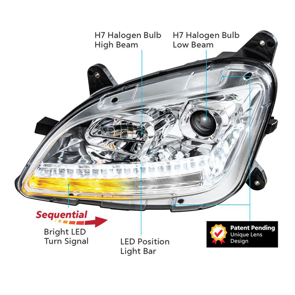 Peterbilt 579, 587 Projection Headlight with LED Sequential Turn and DRL