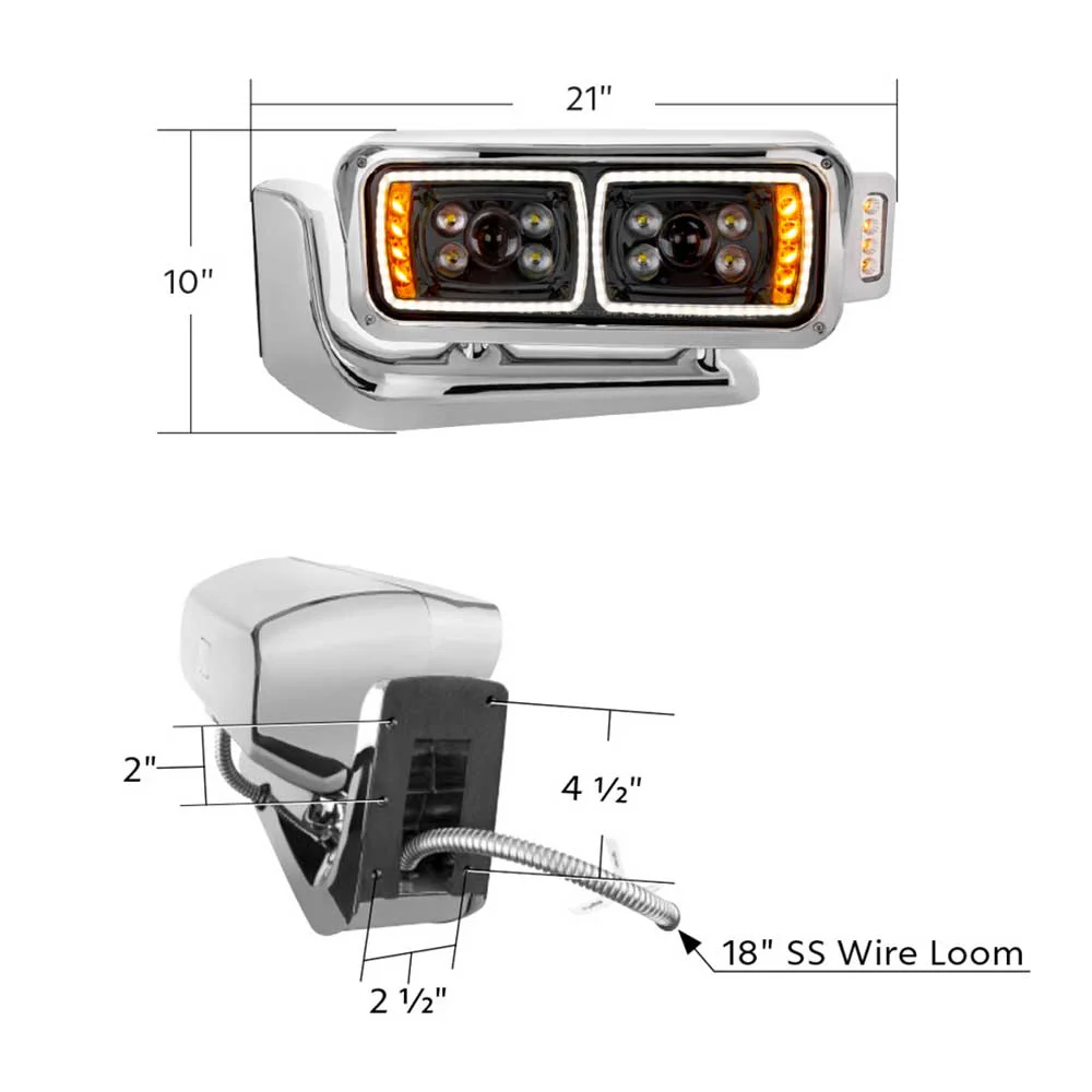 Peterbilt Black Inner Housing 10 High Power LED Projection Headlight Assembly with Mounting Arm and Turn Signal Side Pod - Image 2