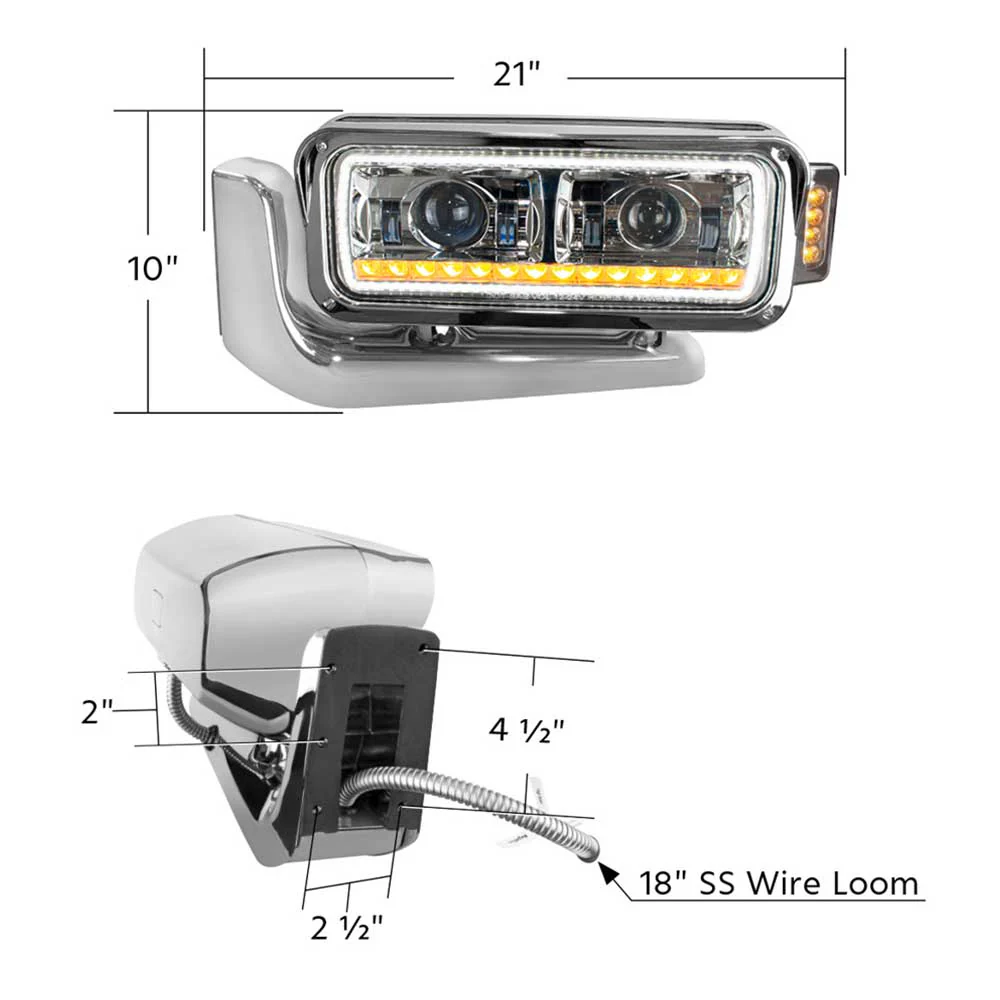 Peterbilt Chrome LED Projection Headlight Assembly with Mounting Arm and Turn Signal - Image 3
