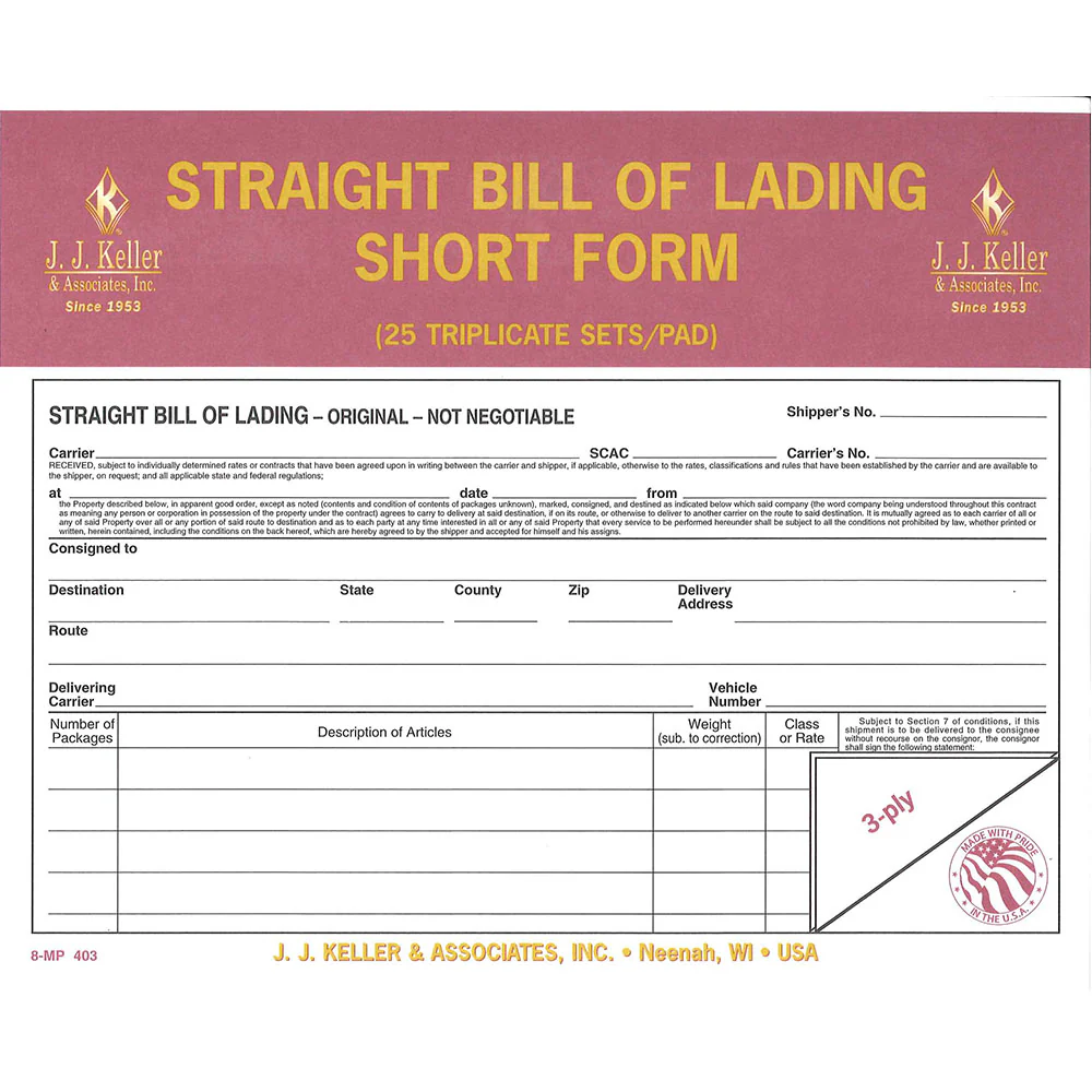 Straight Bill Of Lading Short Form