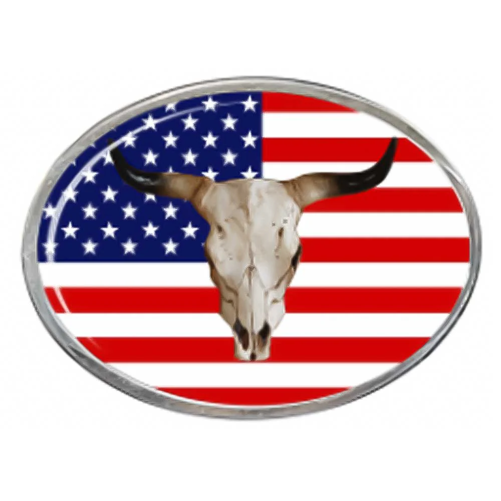 US Flag Bullhorn Oval Billet Aluminum with Resin Belt Buckle