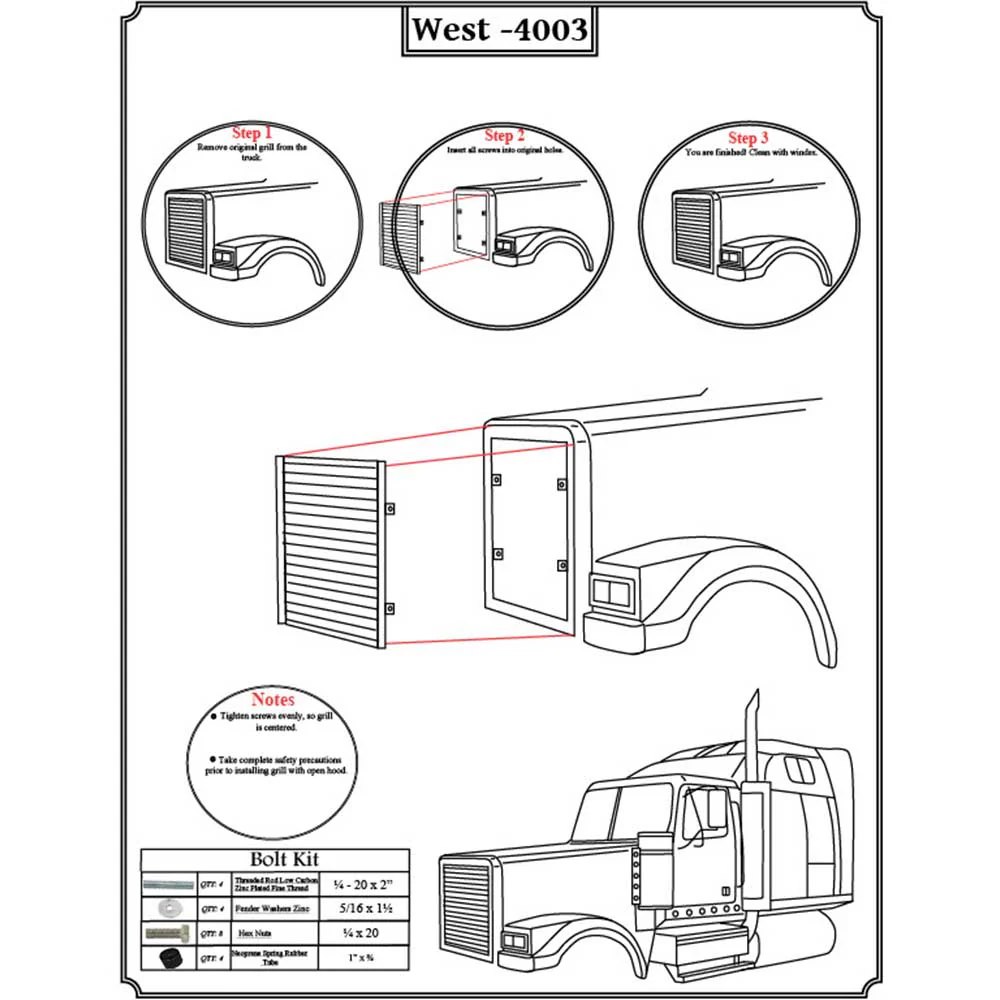 Western Star 4900EX Long Hoods 1997 - 2016 Stainless Grill with 21 Louvers - Image 2